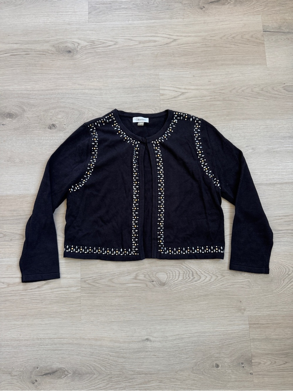 Calvin Klein Black Rhinestone Embellished Cropped Cardigan Size M